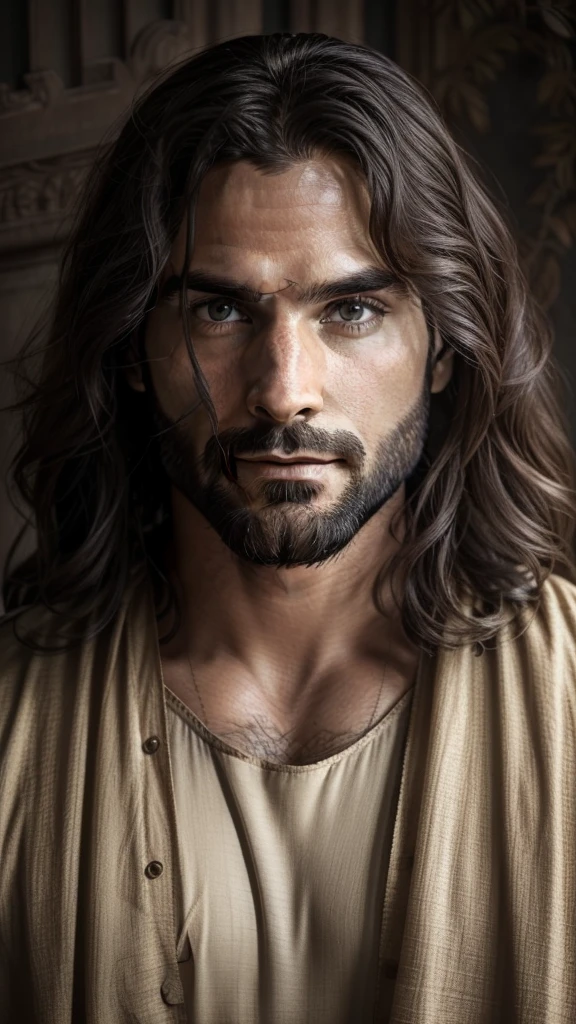 Seth Rollins as Jesus Christ, focus on the details of the face, similar to seth rollins, wearing long beige tunic of Jesus, Jesus style of the Bible, realistic image, background of the heavenly garden image with animals and flowers, best quality, 8k, focus on the details.