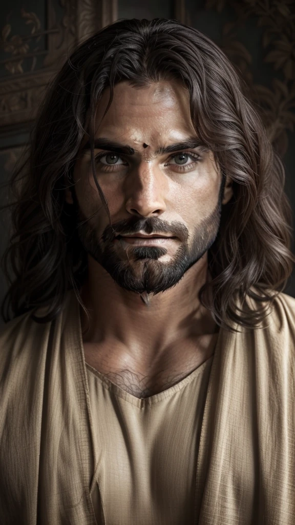 Seth Rollins as Jesus Christ, focus on the details of the face, similar to seth rollins, wearing long beige tunic of Jesus, Jesus style of the Bible, realistic image, background of the heavenly garden image with animals and flowers, best quality, 8k, focus on the details.