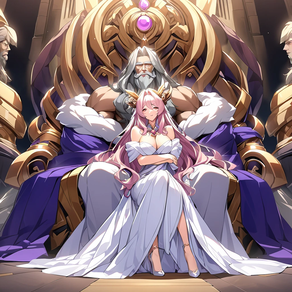 ((Highest quality)), ((masterpiece)), (detailed), (Perfect Face)、Women are divine in both mind and body, like the Greek goddess Hera.々Hera, the wife of Zeus, king of the gods, is happily embracing a man.、The woman is the queen of the one and only god, Zeus, the goddess Hera. She has medium-long hair, an engagement ring, and gorgeous accessories. She is an elegant, graceful, and beautiful goddess, and is the wife of Zeus.、The woman is seen sitting on a magnificent temple throne in company with the majestic, bearded, elderly god Zeus.、The man is a dignified, bearded old man named Zeus, who is embracing a woman.