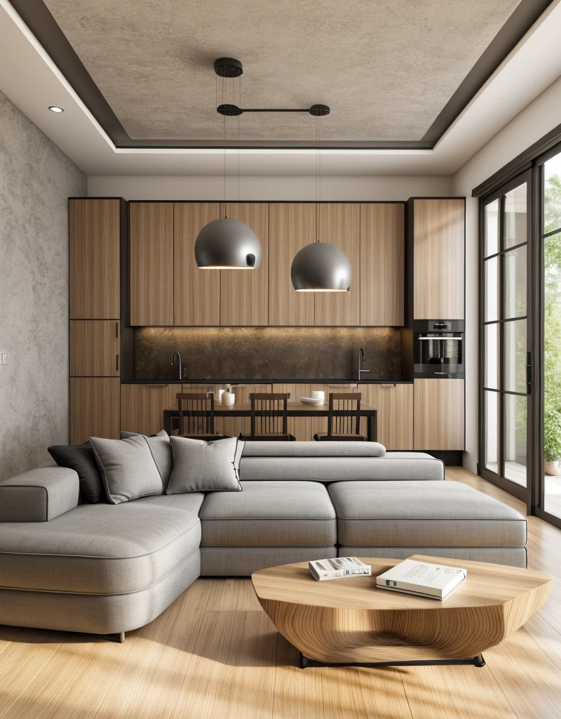 Industry style, livingroom, beautyful warm light, 1 kitchen area, kitchen island table, 1 refrigerator, upper kitchen cabinets , 3 seats, 2 decorative ceiling lights, 1 stone table, 1 L-shaped sofa, sliding door