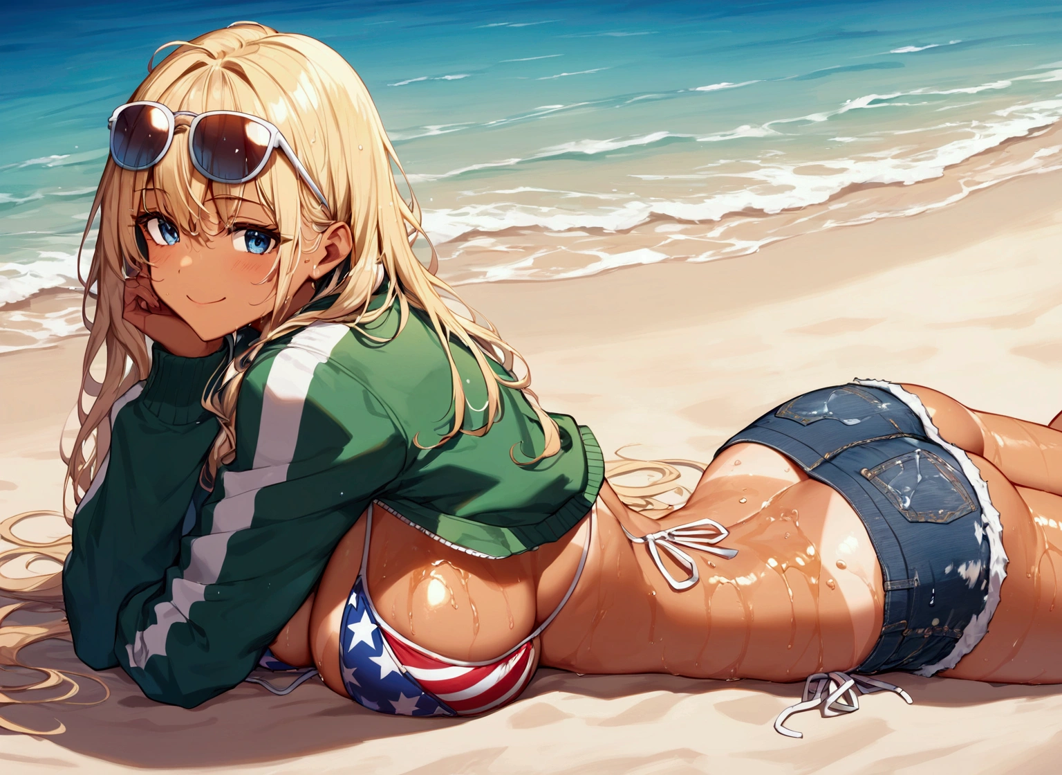 score_9, score_8_up, score_7_up, rating_safe, masterpiece, best quality, very aesthetic, absurdres, 1girl, solo, blonde hair, long hair, messy hair, bangs, blue eyes, smile, pink cheek, (flight jacket, green jacket), denim shorts, (american flag bikini), bikini under clothes, (eyewear on head, sunglasses), large breasts, wet, wet body, oil, tan, bikini tan, gleaming skin, on stomach, from behind, back, outdoors, sea, sand, leisure seat, sunoil