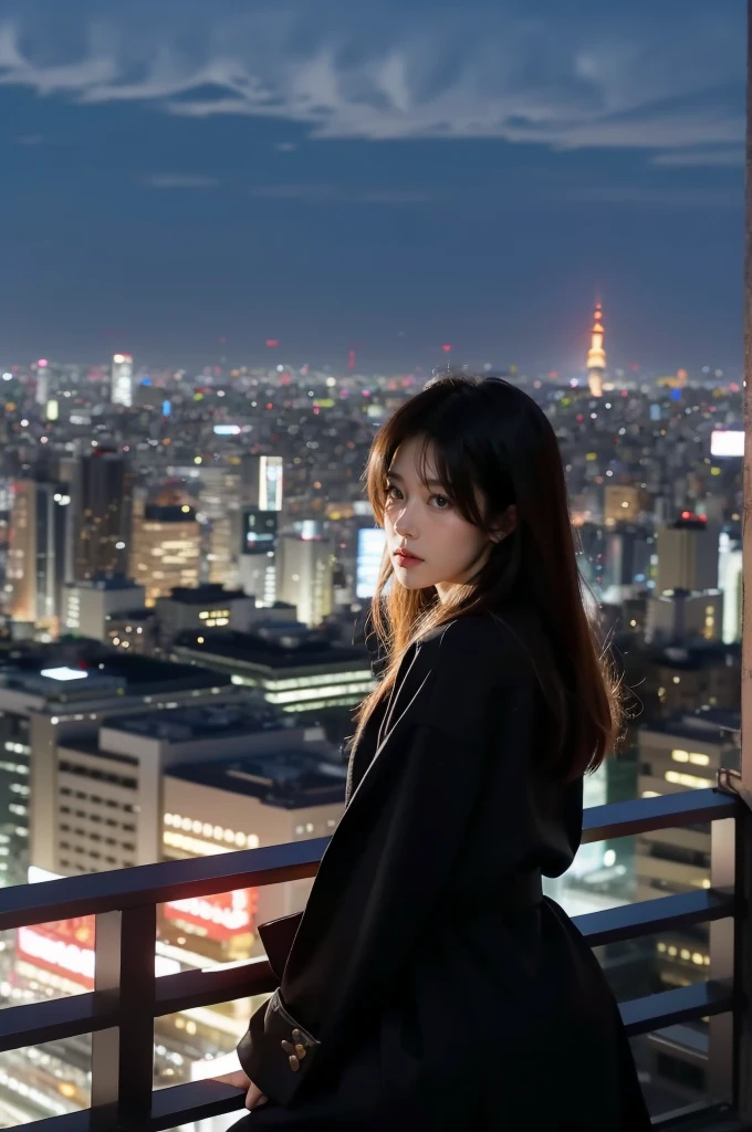 밤에 looking at the city 발코니에 서있는 여자, beautiful  girl, looking at the city, looking at the city, girl sitting on the rooftop, city lights on background, rooftop tokyo at night, pensive , Girl watching the sunset, Bokeh only in the background, An expression thinking from afar, At the Tokyo Night Rooftop of the Future, overlooking a modern city