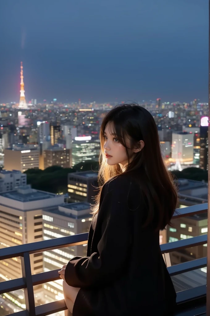 밤에 looking at the city 발코니에 서있는 여자, beautiful girl, looking at the city, looking at the city, girl sitting on the rooftop, city lights on background, rooftop tokyo at night, pensive , Girl watching the sunset, Bokeh only in the background, An expression thinking from afar, At the Tokyo Night Rooftop of the Future, overlooking a modern city