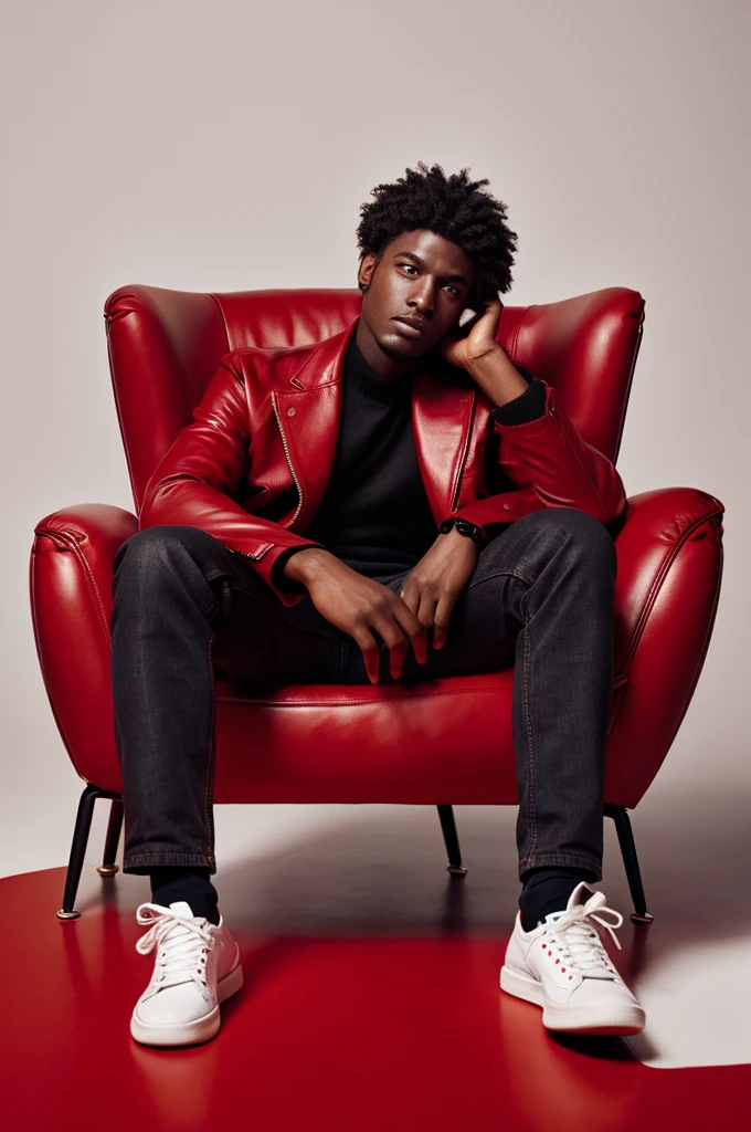 28-year-old dark-skinned man in a red armchair with a black jacket and black shoes on a white background