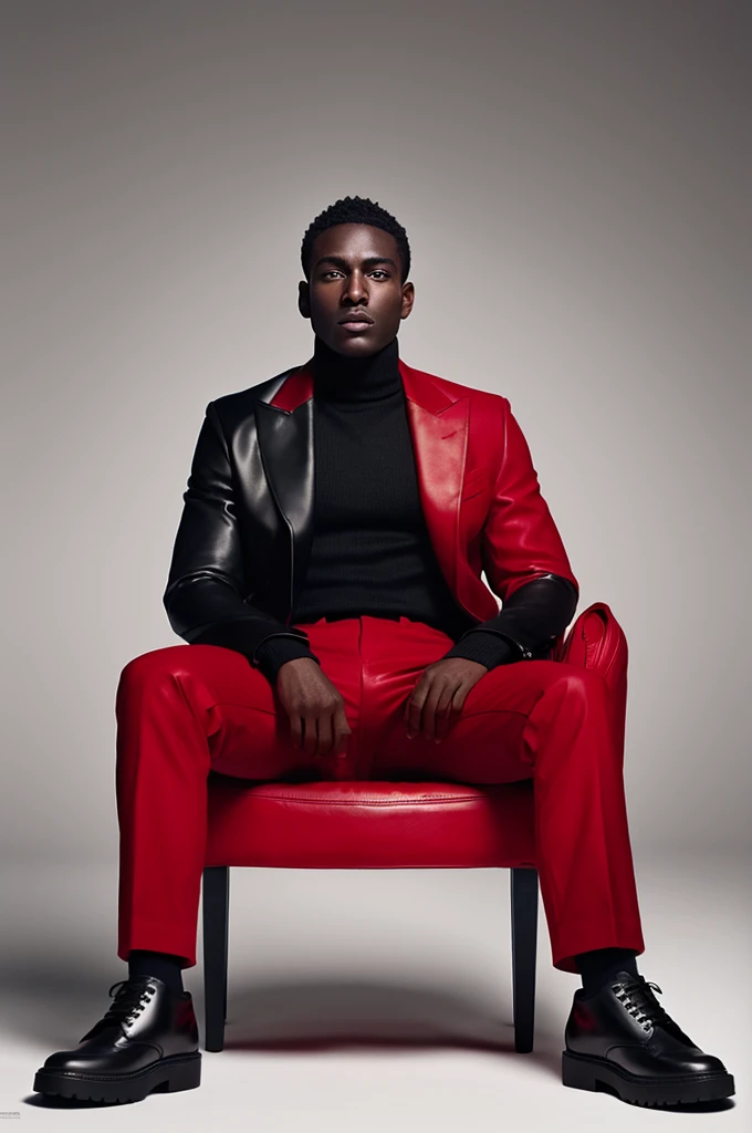 28-year-old dark-skinned man in a red armchair with a black jacket and black shoes on a white background