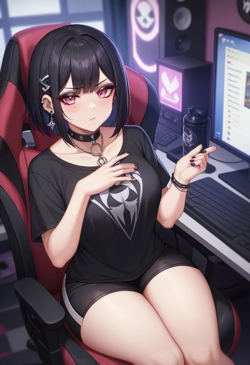 Adult, Female, long Black hair, pink eyes, goth girl, gothic, goth clothing, goth make up, thick thighs, medium chest, annoyed, disgruntled, sitting in gaming chair, gt racing chair, black and white chair, bedroom, gothic bedroom, aesthetic bedroom, Masterpiece, Accurate, Anatomically Correct, Best Quality, High Details, Detail, Super Detailed, Best detail, Perfect detail, Amazing detail, [-3, 3], perfect hands, best hands, best fingers, perfect fingers, perfect body, best body, amazing body, Looking at viewer, front facing, upper body shot,