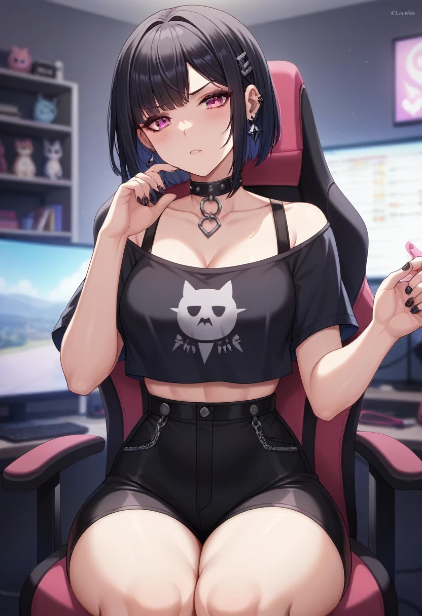 Adult, Female, Black hair, pink eyes, goth girl, gothic aesthetic, goth clothing, goth make up, thick thighs, medium chest, annoyed, disgruntled, sitting in gaming chair, gt racing chair, bedroom, gothic bedroom, aesthetic bedroom, Masterpiece, Accurate, Anatomically Correct, Best Quality, High Details, Detail, Super Detailed, Best detail, Perfect detail, Amazing detail, [-3, 3], perfect hands, best hands, best fingers, perfect fingers, perfect body, best body, amazing body, Looking at viewer, front facing, upper body shot,