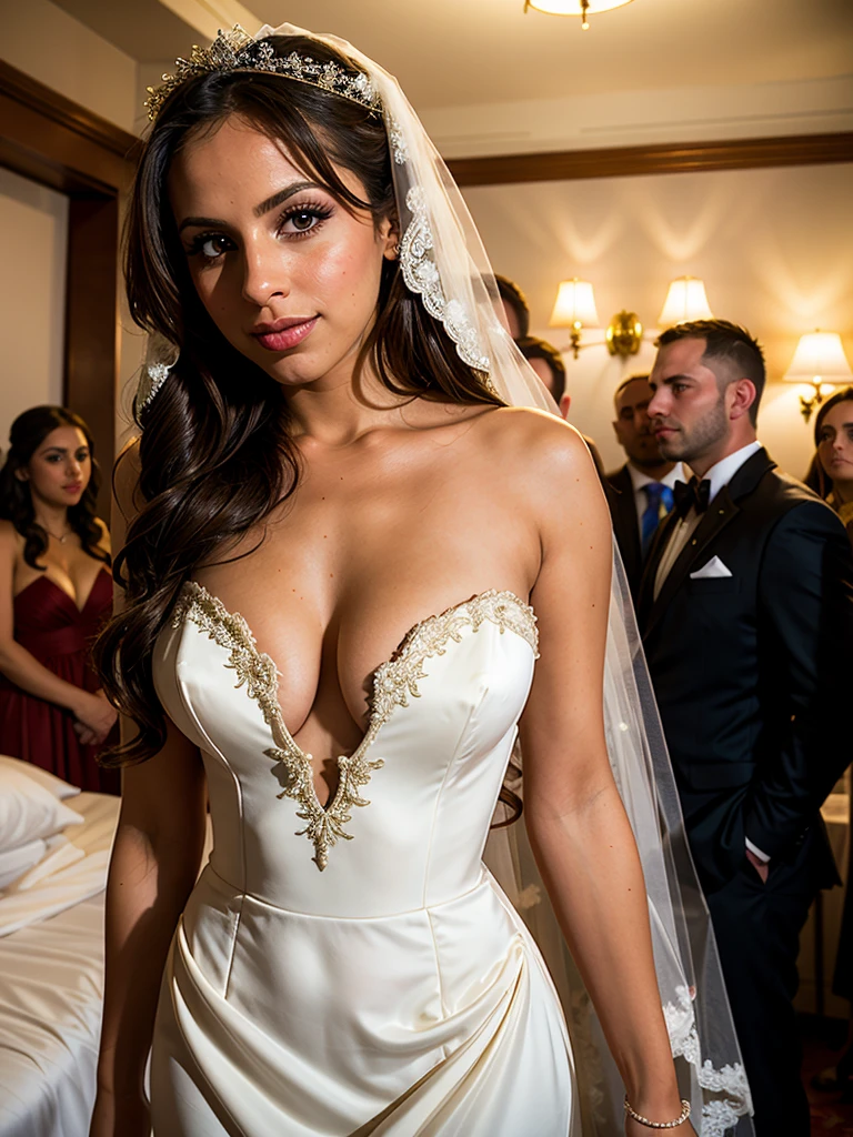 Front view, Jynx Maze, wedding dress, veil, posing in a hotel room, surrounded by a crowd of men, soft light passing through her hair, depth of field, bokeh