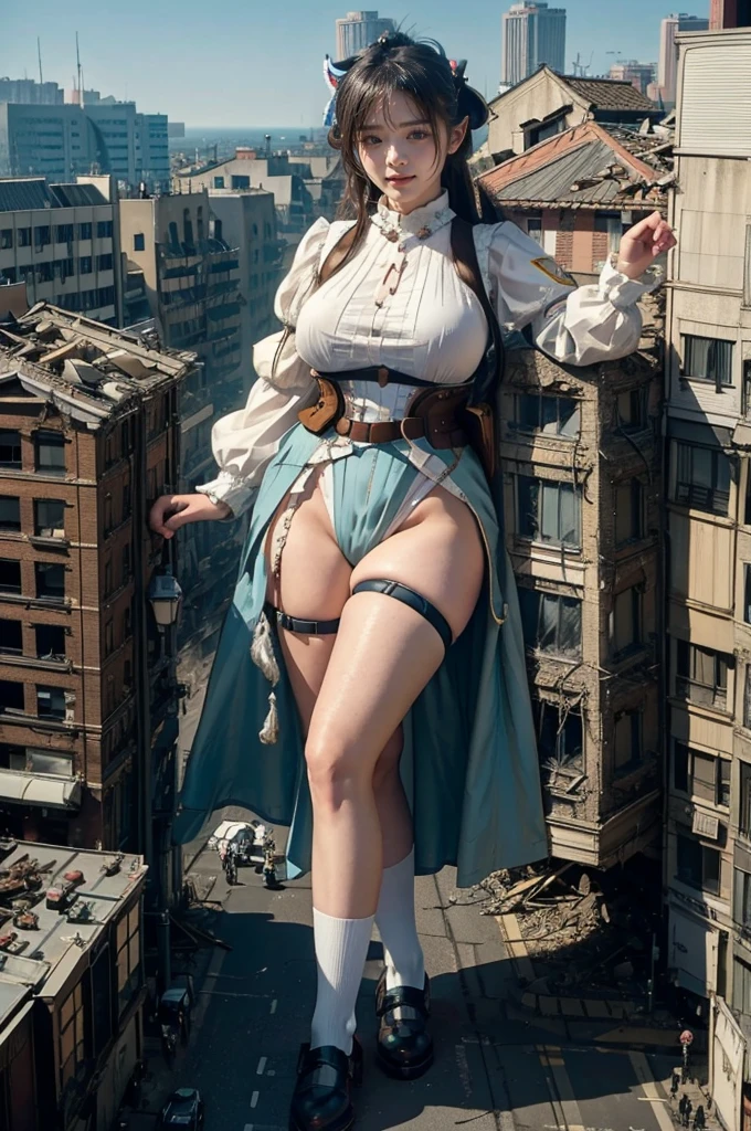 Fisheye Lens、looking at the camera、steampunk、Standing on top of a ruined building、Big building explosion、The building collapses、Urban hustle and bustle、Traffic jam、City of Rubble、street tree、Car and bus、truck、taxi、City boulevard、Pedestrian bridge、Streetcar route、((((Azur Lane Cheshire Cosplay))))、Frilled maid outfit、（(Super huge breasts)）、（(Plump thighs)）、Ground View，City of Giants,500 foot tall giant girl，skyscraper,Has super long legs,Step into the crowd，There are many people on the street,Knee-high socks、loafers，A happy look，Standing on the ruins，Beautiful appearance，Exquisite makeup，quality，8k，高quality，Perfect Proportions, Cinema Lighting，Film Grain，The Colors of Fuji，8k，Textured skin，Super Detail，High detail，high quality，High resolution，explode，False Smile、Reaching out
