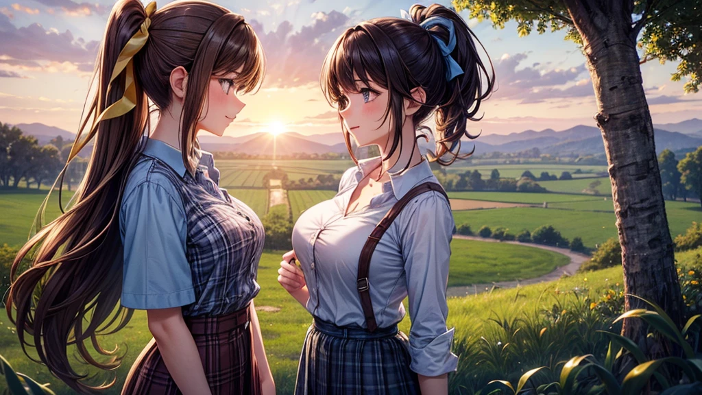 2girls, rural landscape, village, trees, sun, clouds, fantasy, brown hair, ponytail, large breasts, ((touching breasts)), erotic, love, button down shirt, ((blue checked shirt)), ((short sleeved shirt)), ((unbuttoned shirt)), unbuttoning buttons, cleavage 1:3, shirt tied under chest, belly, blue eyes, dark skirt, laugh, standing, hair ribbon, golden necklate