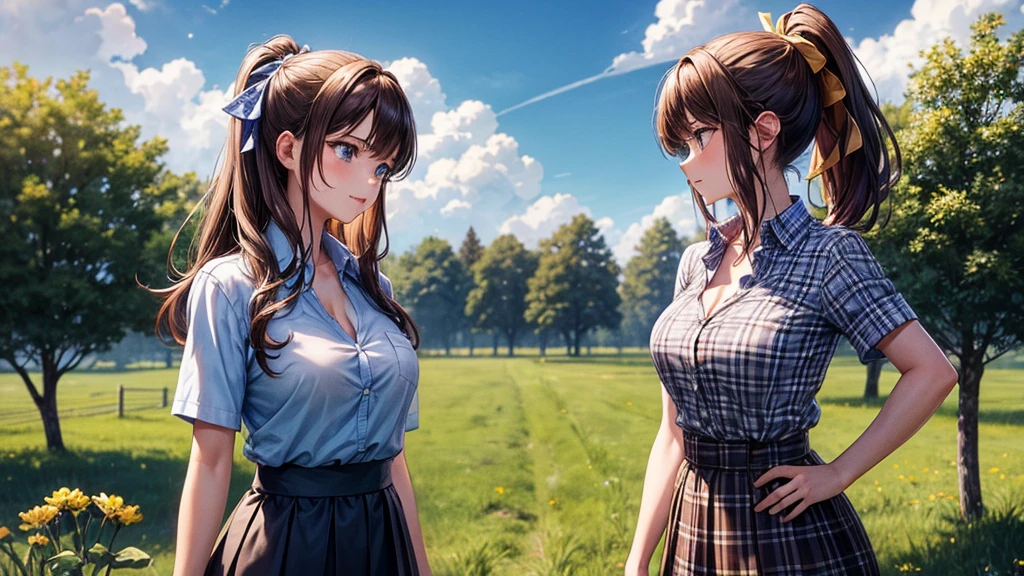 2girls, rural landscape, village, trees, sun, clouds, fantasy, brown hair, ponytail, large breasts, ((touching breasts)), erotic, love, button down shirt, ((blue checked shirt)), ((short sleeved shirt)), ((unbuttoned shirt)), unbuttoning buttons, cleavage 1:3, shirt tied under chest, belly, blue eyes, dark skirt, laugh, standing, hair ribbon, golden necklate