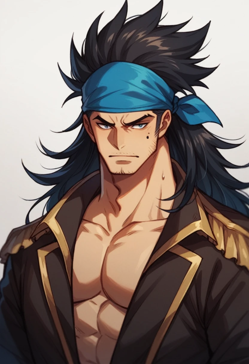 Human Male, Black long hair  , Pirate shirt  , BLUE Bandana hair 