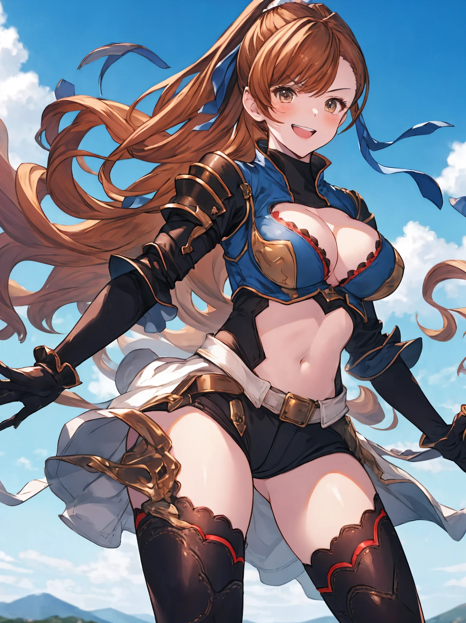 masterpiece, best quality, 1teen_girl,def,beatrix, ponytail, hair ribbon, gauntlets, blue shirt, gloves, cleavage cutout, looking at viewer, big_smile, large breasts, sky_landscape_background ,,happy,covered_nipples,young_,full_of_beans,,laugh,blush,open_mouth,thigh-highs, glower,open_legs,rise_knee,(angry:0.8)