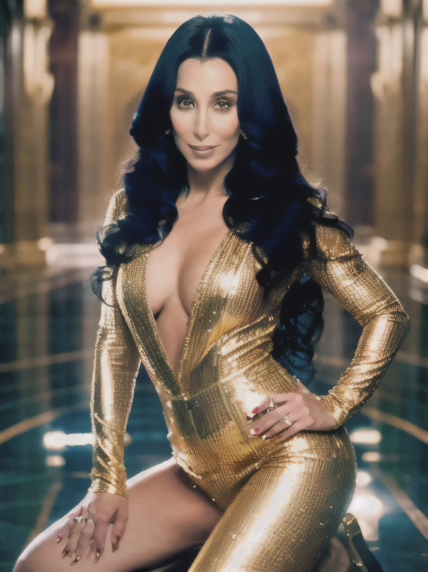  still cinematic film, full body photo of Cher, seducing gaze, dressed in golden armor ,wearing bordaGolden ((detailed facial features)), (darkness room:1.2), (cool colours), details Intricate, Shallow depth of field, [volumetric Fog], cinematic lighting, Reflections, 8K resolution 