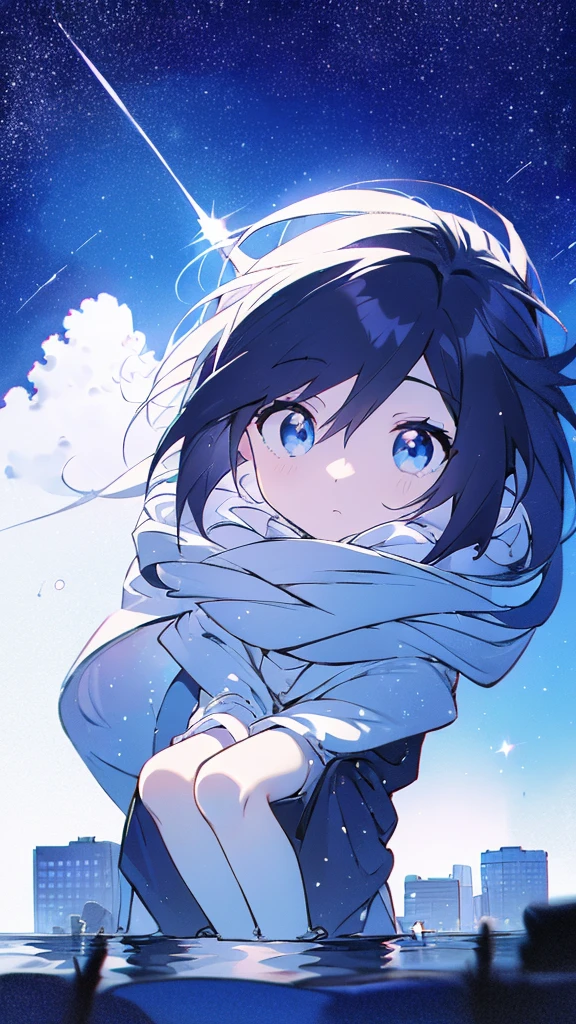 Seven-doppelganger shot，Anime style 4K,High quality anime art style，Standing painting，Splash ink background，Blue Themes、Pure white background,Buildings,Face close-up,Buildings,Moon and sun、Shining Star々,milky way,Bright Sky,Looking at me,Facing forward,Clear eyes and nose,cute,beautiful,Thin legs,sitting by the water, black hair, Blue eyes, girl, bob, front, cute,Blue Background,Long Hair,Whale flying in the blue sky,Buildings,whale,Black Hair,Buildings,Tokyo,Meteors