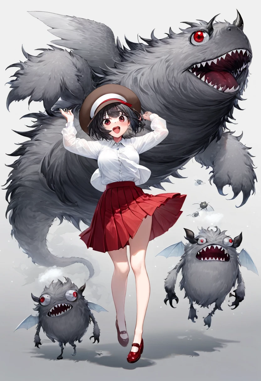 Very detailed、whole body、Short black hair、Wear a white button-up shirt、Wear a red pleated skirt、A fluffy, grey monster with a big mouth who flies through the air on a top.、Woman clinging to a monster