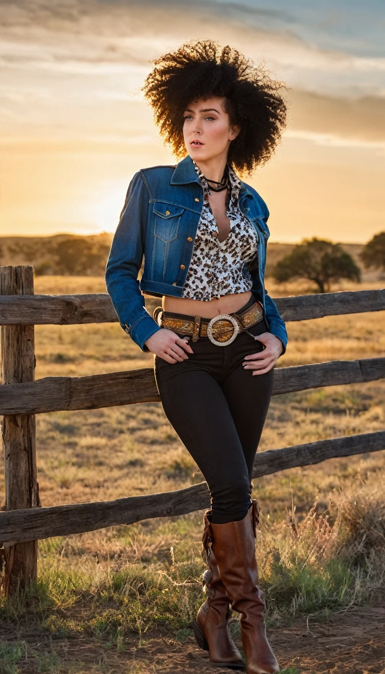 there is a woman that is standing next to a fence, cowgirl, western cowgirl, western clothing, gorgeous stella maeve magician, ashteroth, 🤠 using a 🖥, 🐎🍑, female cowgirl, photo shoot, beautiful stella maeve magician, cow-girl, with afro, photoshoot, shot at golden hour, by Lambert Doomer, cropped shirt with jacket