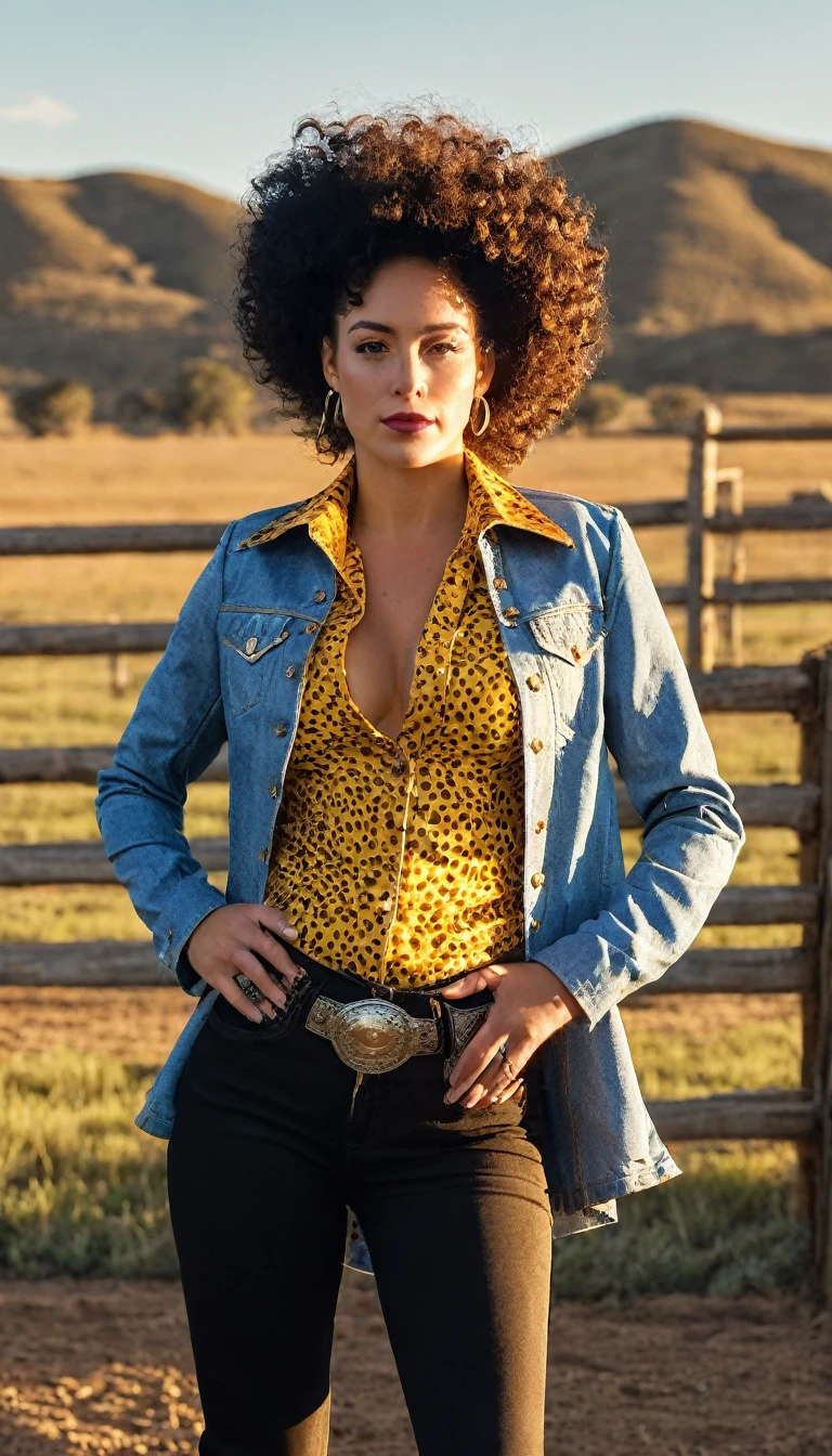 there is a woman that is standing next to a fence, cowgirl, western cowgirl, western clothing, gorgeous stella maeve magician, ashteroth, 🤠 using a 🖥, 🐎🍑, female cowgirl, photo shoot, beautiful stella maeve magician, cow-girl, with afro, photoshoot, shot at golden hour, by Lambert Doomer, cropped shirt with jacket