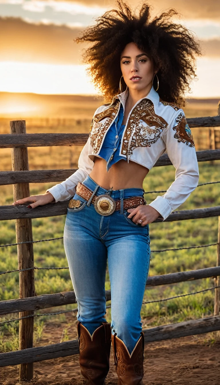there is a woman that is standing next to a fence, cowgirl, western cowgirl, western clothing, gorgeous stella maeve magician, ashteroth, 🤠 using a 🖥, 🐎🍑, female cowgirl, photo shoot, beautiful stella maeve magician, cow-girl, with afro, photoshoot, shot at golden hour, by Lambert Doomer, cropped shirt with jacket