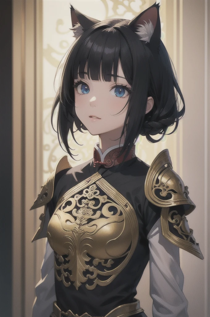 (Fantasy Illustration:1.5), (alone:1.2), (anime,8k,masterpiece, Highest quality, Highest quality,beautifully、aesthetic:1.2,Professional illustrations:1.1,Super detailed:1.3,Perfect lighting), Very detailed, Most detailed, Incredibly absurd, High resolution, Super detaileded, Complex:1.6, (girl), Very exquisite beautiful face and eyes, Beautiful Hair, Bob Hair, Blunt bangs, (Black Hair:1.4), (Cat ears:1.2), ( Ornate armor of ancient China:1.2), Guess the skin, (Abstract:1.2), cute, Rise Up, (Small stature,Mid-chest), Speed,