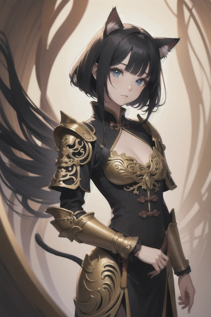 (Fantasy Illustration:1.5), (alone:1.2), (anime,8k,masterpiece, Highest quality, Highest quality,beautifully、aesthetic:1.2,Professional illustrations:1.1,Super detailed:1.3,Perfect lighting), Very detailed, Most detailed, Incredibly absurd, High resolution, Super detaileded, Complex:1.6, (girl), Very exquisite beautiful face and eyes, Beautiful Hair, Bob Hair, Blunt bangs, (Black Hair:1.4), (Cat ears:1.2), ( Ornate armor of ancient China:1.2), Guess the skin, (Abstract:1.2), cute, Rise Up, (Small stature,Mid-chest), Speed,