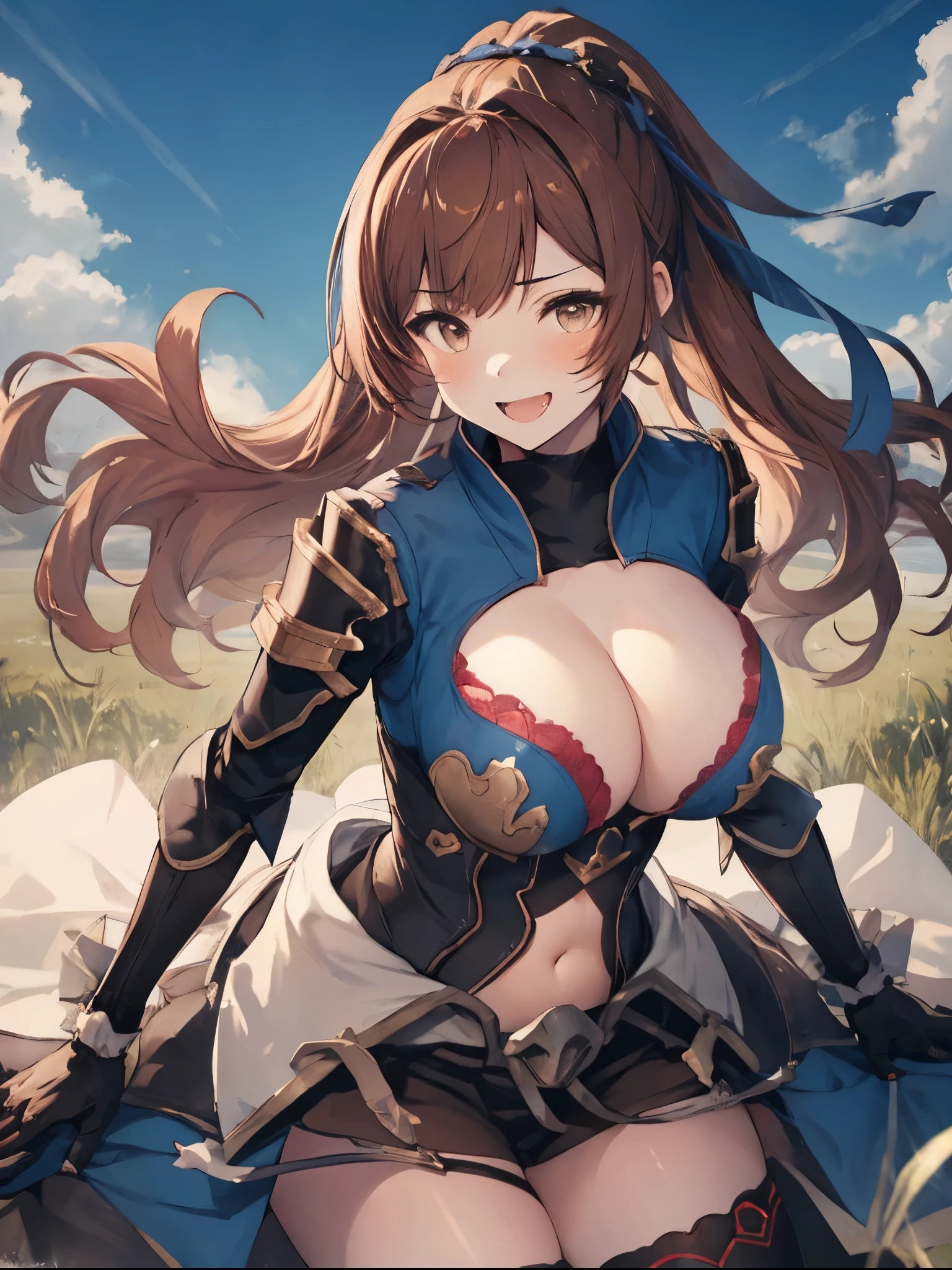 masterpiece, best quality, 1teen_girl,def,beatrix, ponytail, hair ribbon, gauntlets, blue shirt, gloves, cleavage cutout, looking at viewer, big_smile, large breasts, sky_landscape_background ,,happy,covered_nipples,young_,full_of_beans,,laugh,blush,open_mouth,thigh-highs, glower,open_legs,rise_knee,(angry:0.8)