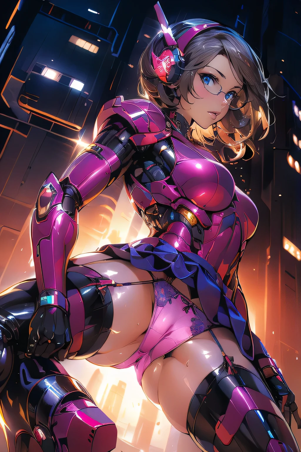 (Ultra flat, Flat Shading), Honors Type, Really blushing, 17years old, high school girl, Wearing a checkered pleated mini skirt, Short bob cut brown hair, Glasses, Sweaty healthy body, ((cyber punk))(SF body suit,sci-fi headgear,high heel long boots)Mesgaquismiles, ((very big butt))((Panties are visible))((lace lingerie,Shiny satin pink panties))((full back panties))(from behind)(ass focus)((from below)), Ultra-realistic, early morning, Breeze Skirt Lift, (Spread your legs:1.0),(You can see her pubic hair sticking out of her panties)