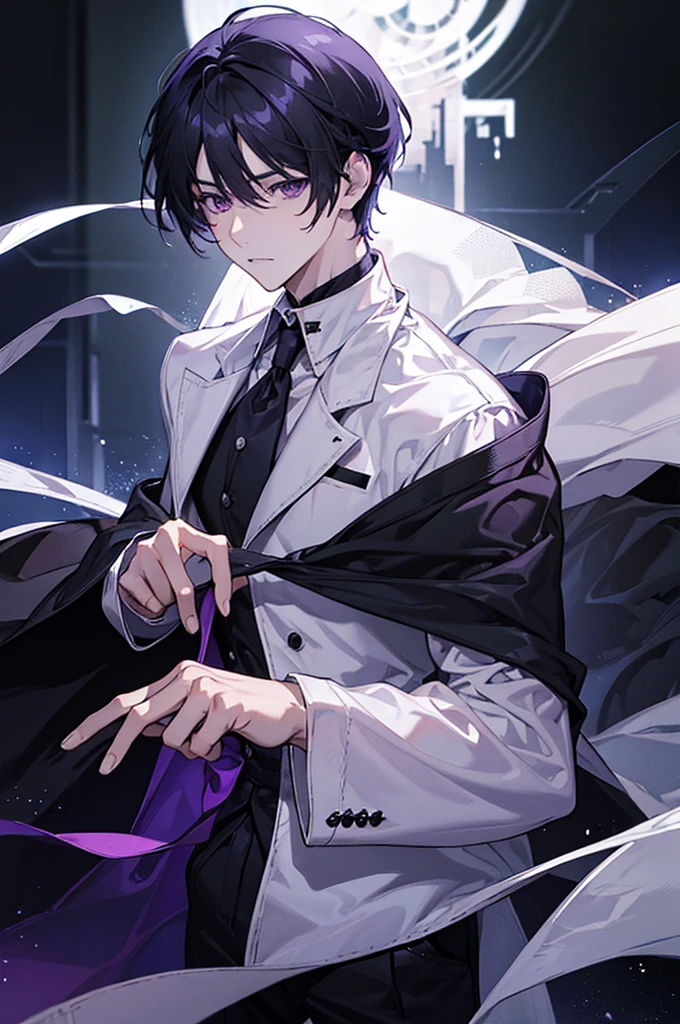 Men, Anime,white classic shirt, Dark black side parted hairstyle, Dark purple eyes.,