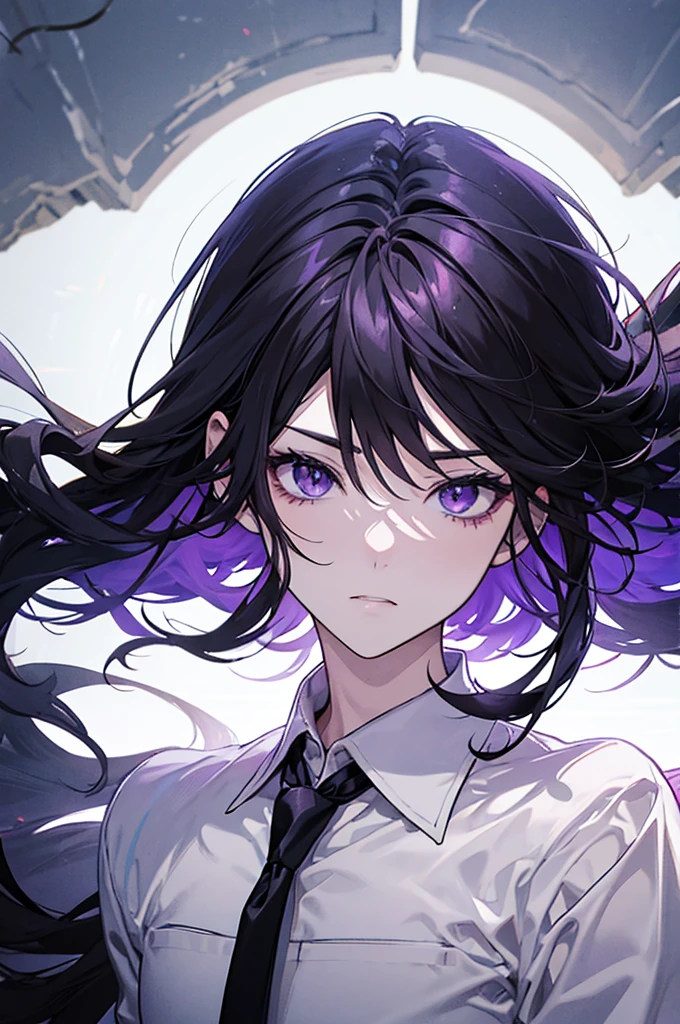 Men, Anime,white classic shirt, Dark black side parted hairstyle, Dark purple eyes.,