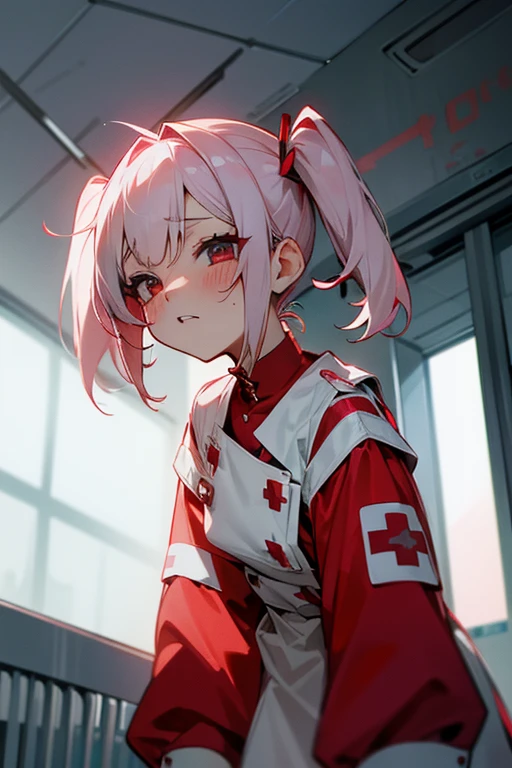 Short white hair, blush, nurse、Punk Fashion、Headbang 2.、Red clothes、Twin tails、sharp、(Inside the hospital)