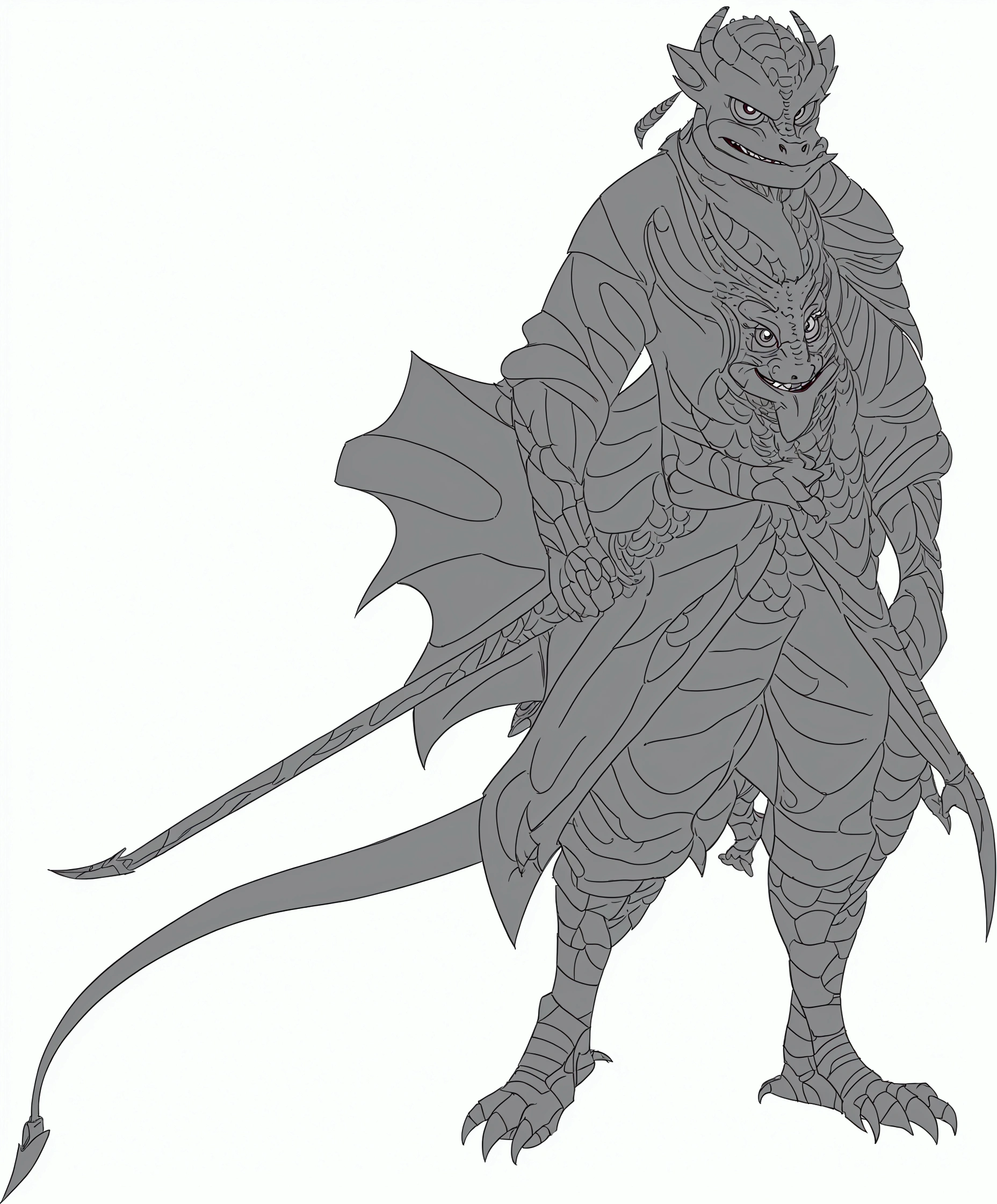 a drawing of an anthropomorphic dragon, fantasy character complexo, sharp arte linear, detailed full-body concept, fantasy character, clean arte linear, thick black arte linear, official character illustration, conceito de fantasy character heróica, bold arte linear, thick arte linear, line art. arte linear, cartoonized and simplified