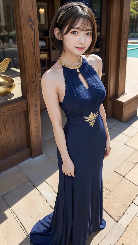 (wide shot), (((full body))), {{{masterpiece}}}, {{{best quality}}}, {{ultra-detailed}}, {illustration}, {{an extremely delicate and beautiful}}, one girl, (((sexy navy arabian costume))), 20 years old, japanese girl, smile, (short hair), beauty, pretty face, cute face, medium breasts, natural face, standing, The composite part of the face looks natural, Natural balance between face and body, 8 heads, The golden ratio of face and body, Height 160cm, Weight 48kg, Fantastic, Mysterious, Arabian Nights, Fantasy, Live, (((arabian nights))), (((sphinx))), Luxurious necklace