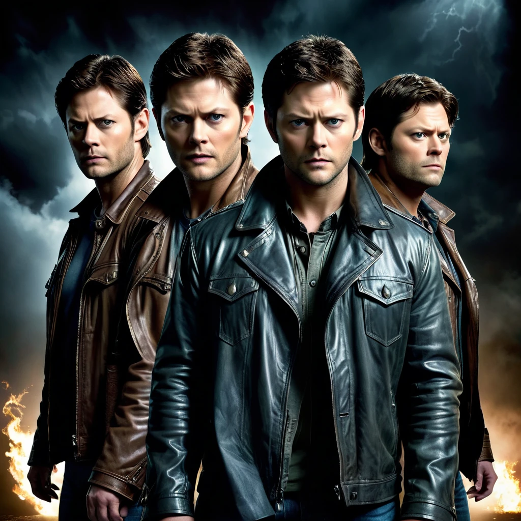 3 characters from the Supernatural series, (Jensen Ackles as Dean Winchester), (Jared Padalecki as Sam Winchester), (Misha Collins as Castiel), staring forward, full body, serious expressions, portrait, gritty, dark and moody lighting, sharp focus, detailed facial features, expressive eyes, tough-looking, facial hair, leather jackets, serious demeanor, intense gazes, muscular build, dramatic atmosphere, epic scene, menacing background, ominous mood, cinematic style, naturalistic color palette.