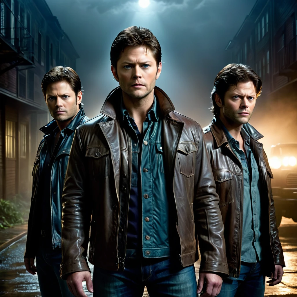 3 characters from the Supernatural series, (Jensen Ackles as Dean Winchester), (Jared Padalecki as Sam Winchester), (Misha Collins as Castiel), staring forward, full body, serious expressions, portrait, gritty, dark and moody lighting, sharp focus, detailed facial features, expressive eyes, tough-looking, facial hair, leather jackets, serious demeanor, intense gazes, muscular build, dramatic atmosphere, epic scene, menacing background, ominous mood, cinematic style, naturalistic color palette.