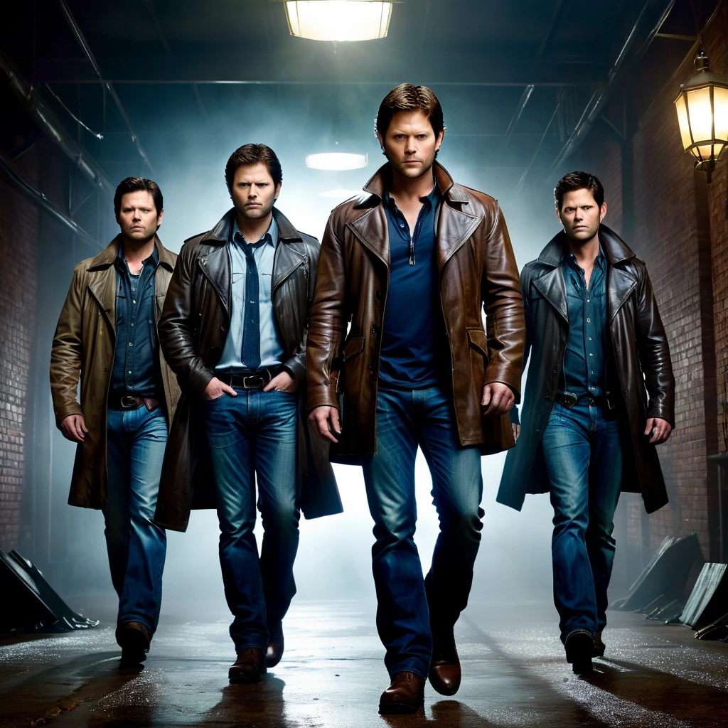 3 characters from the Supernatural series, (Jensen Ackles as Dean Winchester), (Jared Padalecki as Sam Winchester), (Misha Collins as Castiel), staring forward, full body, serious expressions, portrait, gritty, dark and moody lighting, sharp focus, detailed facial features, expressive eyes, tough-looking, facial hair, leather jackets, serious demeanor, intense gazes, muscular build, dramatic atmosphere, epic scene, menacing background, ominous mood, cinematic style, naturalistic color palette.