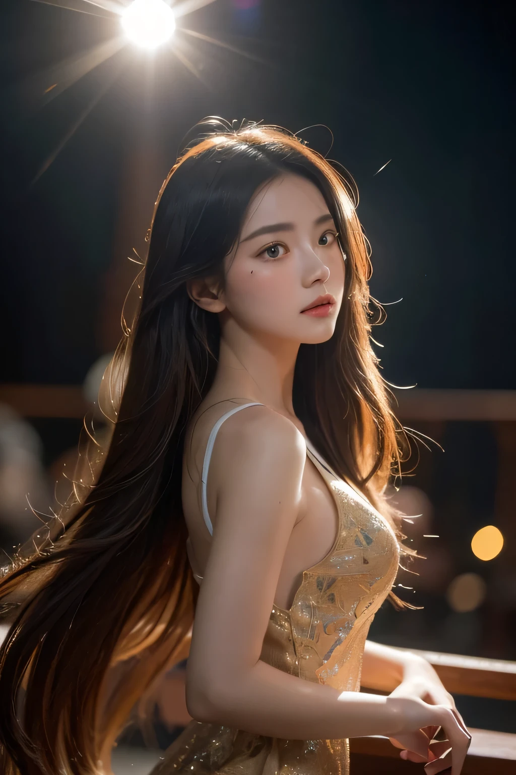 born, Very detailed, Practical (1.3) Masterpiece portrait of a girl with long hair, Dynamic angle with messy hair, Installed in world-class theatres with exceptional cinema lighting, lens flare, Dunhuang-style artistic conception, 8K resolution wallpaper quality, best quality, Dancing in the rainy night