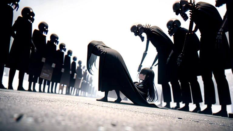diagonal angle, ground level shot, low level shot, low angle, dutch angle. attacking horde of robed skeletons on a defeated girl, army of robed skeletons marching eerily towards hurt girl fallen on the ground, girl facing crowd of robed skeletons, girl facing away, girl on the ground from behind, three-point perspective, cinematic, rule of thirds, off centered, black and white