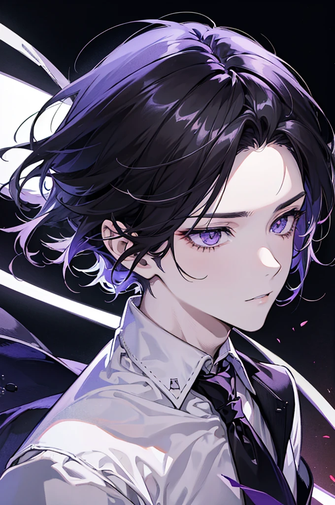 Men, Anime,white classic shirt, Dark black hairstyle, Dark purple eyes.,