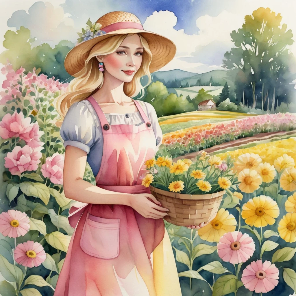 better quality. watercolor illustration, cartoon style, of a graceful Russian woman tending a flower garden in soft tones, straw hat, wavy blonde hair, yellow dress complemented by a pink apron with buttons, sandals on her feet, big brown eyes looking tenderly for your flourishing flora, detailed lines, paper colors, textured and ultra-thin paper. by Alicia Austin, Amanda Sage and Andien de Clermont. anime, kawaii,