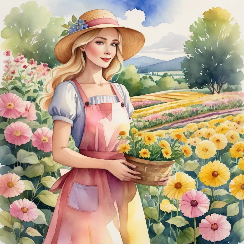 better quality. watercolor illustration, cartoon style, of a graceful Russian woman tending a flower garden in soft tones, straw hat, wavy blonde hair, yellow dress complemented by a pink apron with buttons, sandals on her feet, big brown eyes looking tenderly for your flourishing flora, detailed lines, paper colors, textured and ultra-thin paper. by Alicia Austin, Amanda Sage and Andien de Clermont. anime, kawaii,