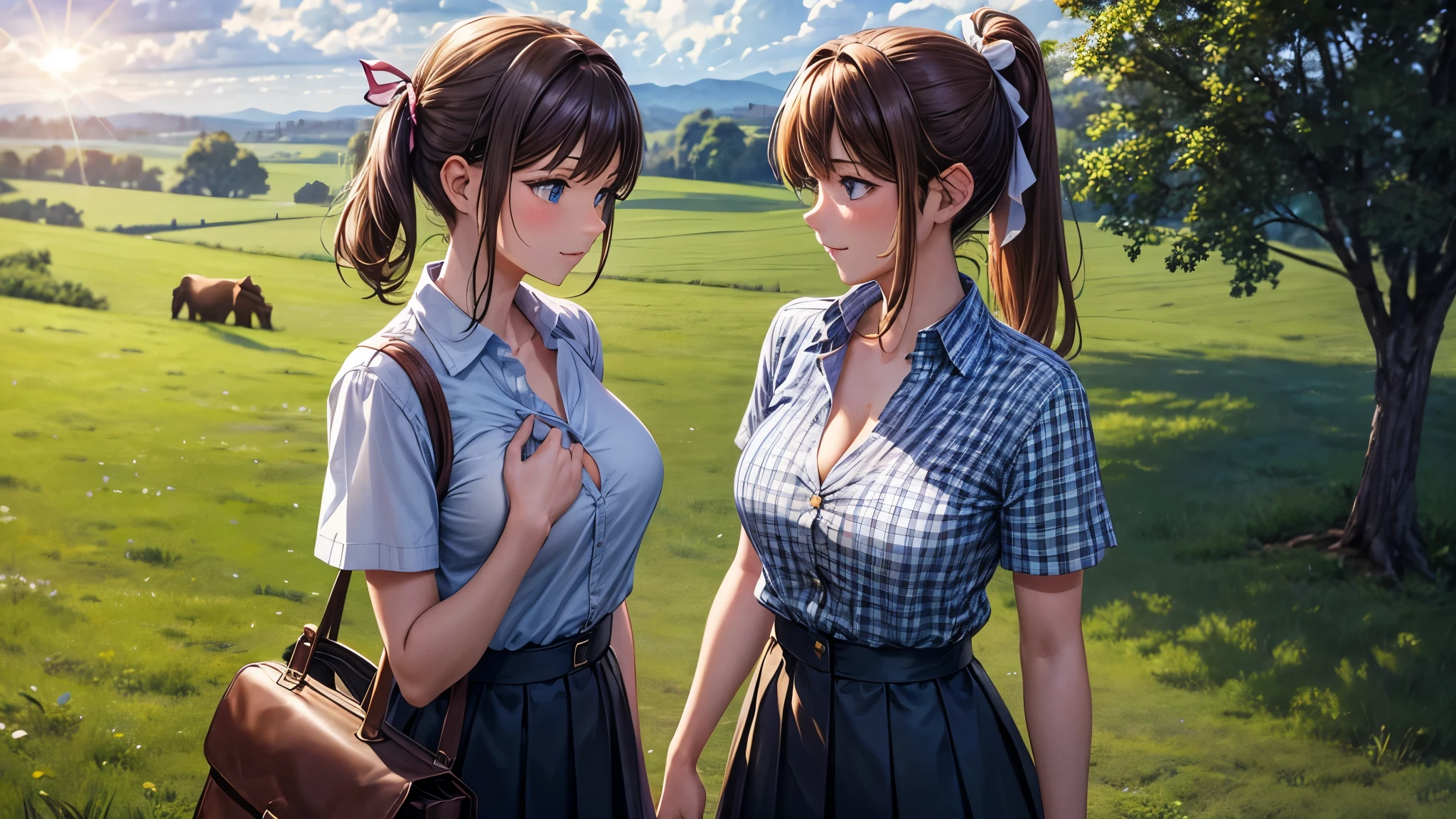 2girls, rural landscape, village, trees, sun, clouds, fantasy, brown hair, ponytail, large breasts, ((touching breasts)), erotic, love, button down shirt, ((blue checked shirt)), ((short sleeved shirt)), ((unbuttoned shirt)), unbuttoning buttons, cleavage 1:3, shirt tied under chest, belly, blue eyes, dark skirt, laugh, standing, hair ribbon, golden necklate