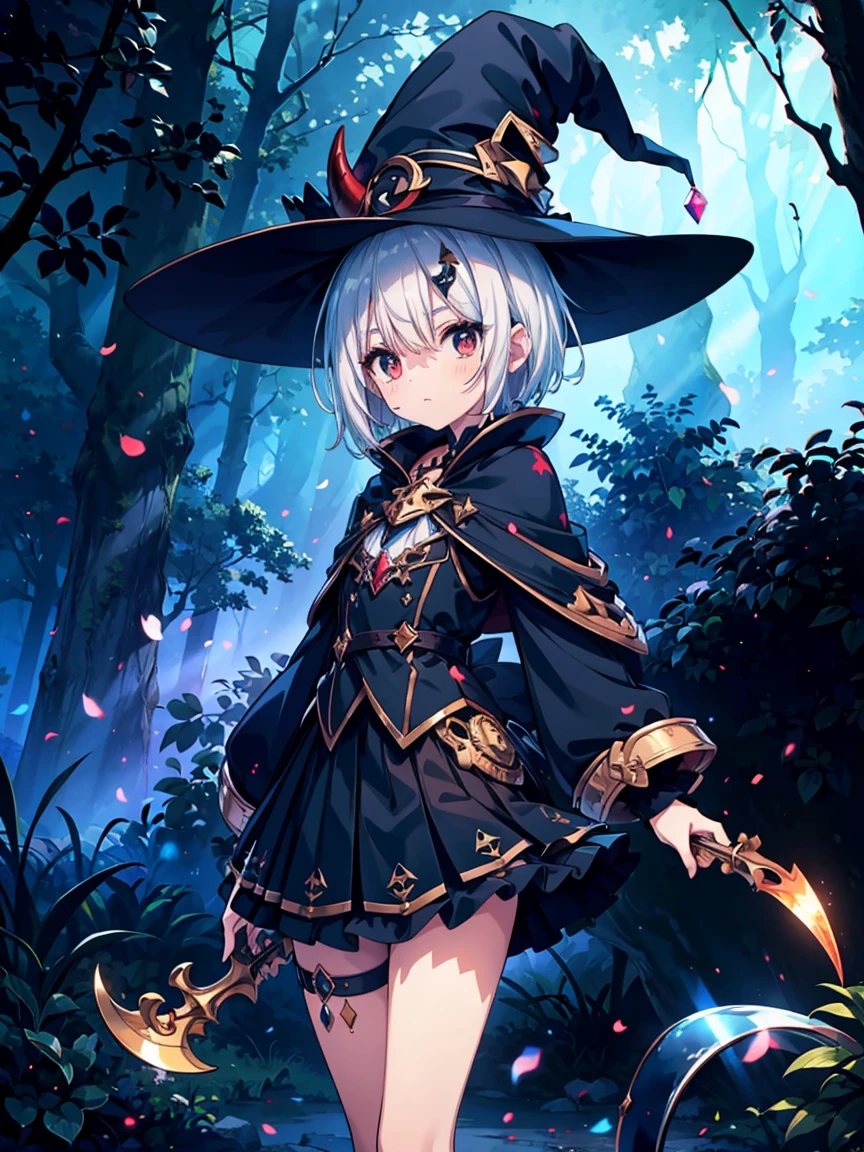 (masterpiece), Highest quality, Very detailed, A Magus girl with white hair holdding a magical Sickle, Witch Hat, Giant horns, Frilled short skirt, Red and black outfit, Sickle, Magic Light, The background is a dark forest