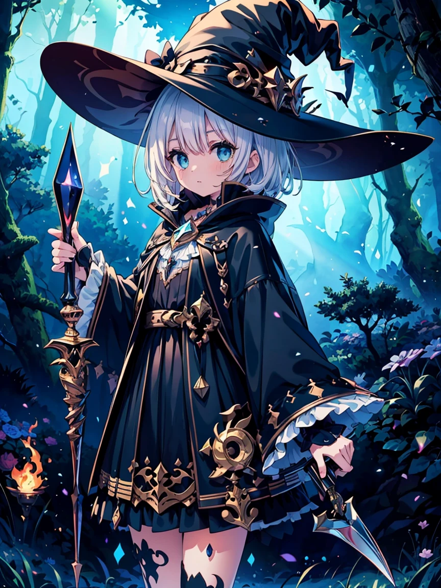 (masterpiece), Highest quality, Very detailed, A Magus girl with white hair holdding a magical Sickle, Witch Hat, Giant horns, Frilled short skirt, Red and black outfit, Sickle, Magic Light, The background is a dark forest