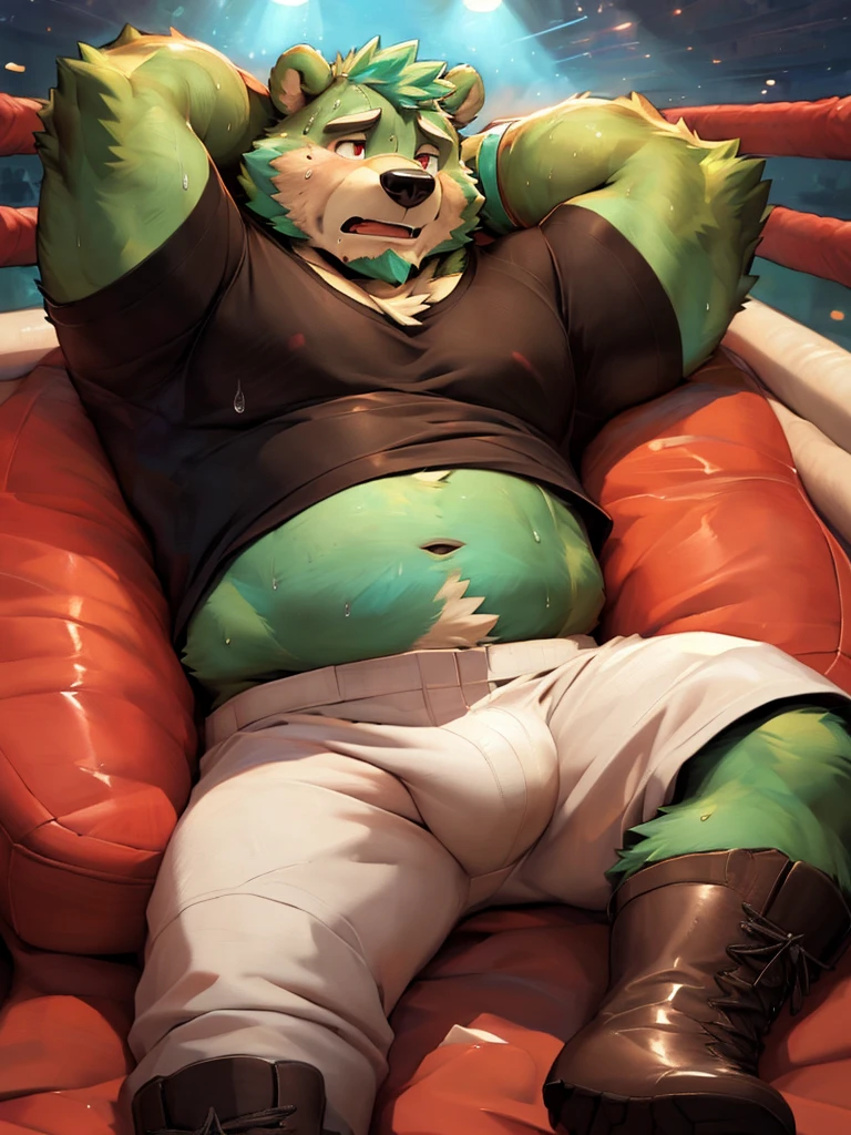 anthro, kemono, male, solo, ((round face, very plump face, thick beard)), (((dark beard))), ((endomorph body type, old-aged, mature)), ((green bear, bear) fluffy fur, fluffy), (high quality, highres, masterpiece), (dynamic lighting, vivid color), (generous smile), (face focus), front view (close up), cartoon, (((green bear))), (((green fur))), green hair, beard, white eyebrows, bald, red eyes, tall, (((black t-shirt inside, white long coat unhood, gray trousers, boots))) by zixiong, by takemoto arashi, by zixiong, (by null-ghost:0.8), (by t.y.stars:0.4), anthro, bodily fluids, fur, bulge, blue underwear, looking at viewer, lying, male, multicolored body, multicolored fur, muscular, (musk clouds:1.2), navel, on back, pecs, precum, smile, solo, two tone body, two tone fur, by Pixelsketcher, by Bayard Wu, by Thomas Benjamin Kennington , by Einshelm, by Chunie, (arms behind head), (both arms behind head), (exhausted, sweat:1.6), in the boxing ring, boxing glove