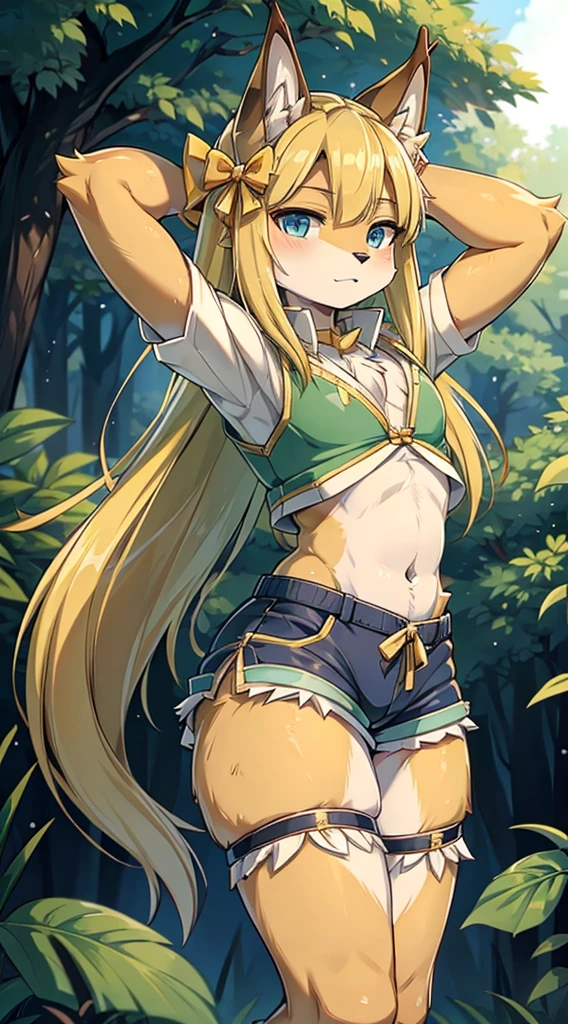Wolf Boy,Wolf-eared boy,bow箭手少年,Hunter Junior,furry,furry,hairy,Blonde hair all over,Golden fur,Golden fur,绿色bow箭手服装,Long hair,blond,hunter costume,hunter costume,furry,白色丝绸Knee socks,Knee socks,蕾丝花边Knee socks,Lace style decoration,shorts,蕾丝花边shorts,运动shorts,皮革shorts,Big Ass,Pseudo-sissy ass,femboy,绿色hunter costume,Forest Background,Jungle Background,Outdoor Background,bow,手持bow,Archery pose,Archery pose,手持bow,bow箭,flat chest,Chest wrap