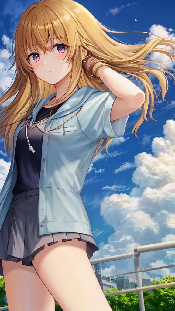 This prompt should guide the AI to generate a beautiful, high-quality anime-style image of an emotional high school girl with a cloud-filled sky background.