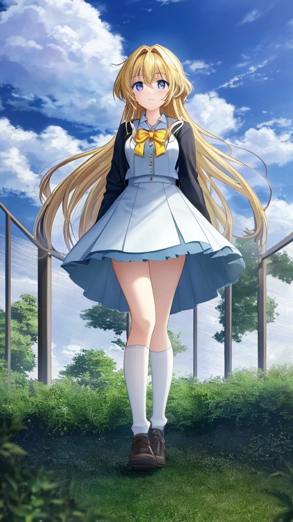 This prompt should guide the AI to generate a beautiful, high-quality anime-style image of an emotional high school girl with a cloud-filled sky background.