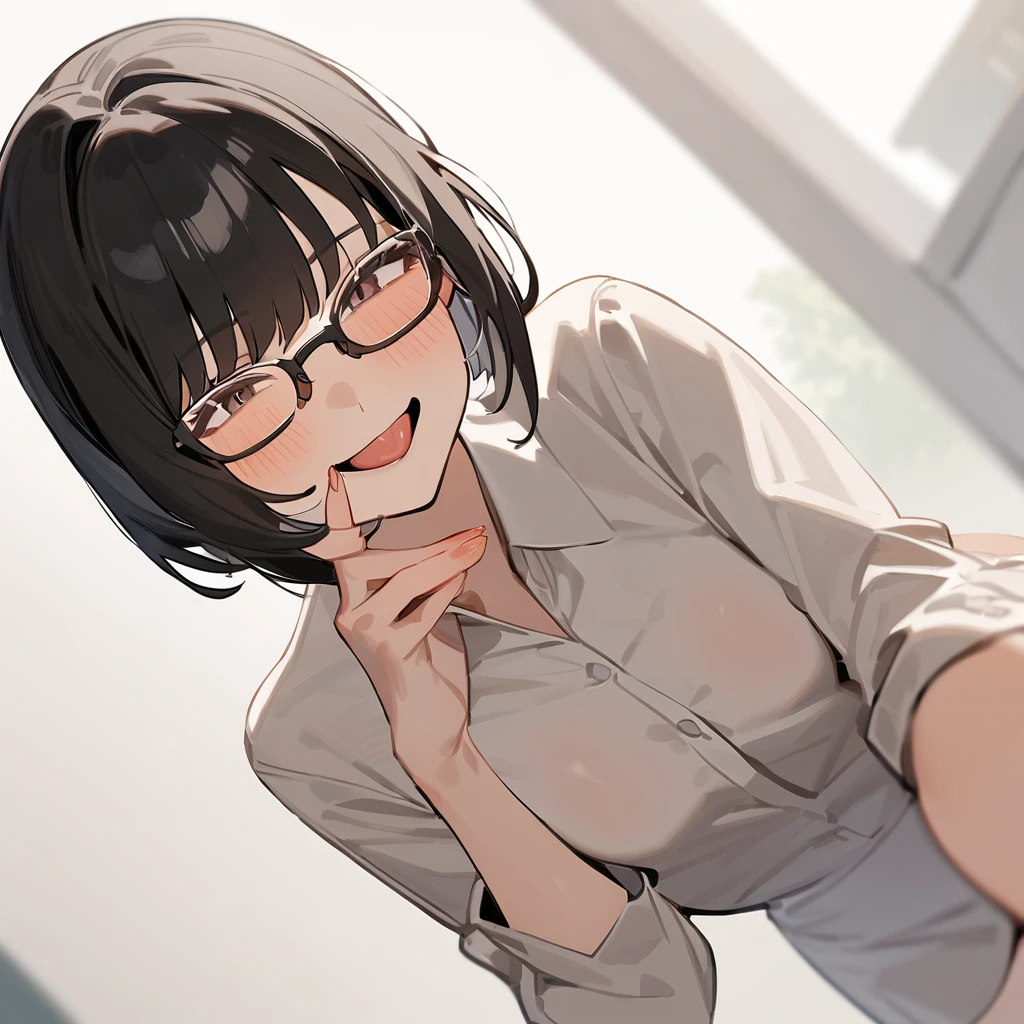 masterpiece, Highest quality, so beautiful, Absurd,
One girl, alone, Black Hair, Bobcut,
Thermont 16A, Glasses, 
Collared shirt, Happy, smile, Sticking out tongue、Small breasts、tits、whole body、View your viewers, White Background, Simple Background,被写体のwhole bodyが映る、(From below:1.１)、Crossdresser、Transsexual、NSFW
 