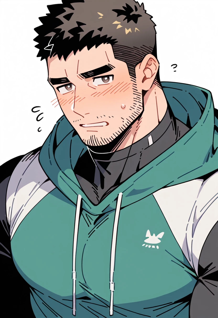 anime characters:Chris Redfield, Muscle Sports Student, Buzz Cut, Manliness, male focus, Sports tight hooded sweatshirt, Wear a black high-necked tights inside, Very tight, Huge chest muscles, muscular male, muscular, only, Upper body, alone, Red short hair, Thick eyebrows, stubble, Brown-red pupils, White background, simple background, amazing quality, best aesthetics, Ridiculous, crew cut, parted lips, flustered, endured face, shy, blush, negative space, best quality