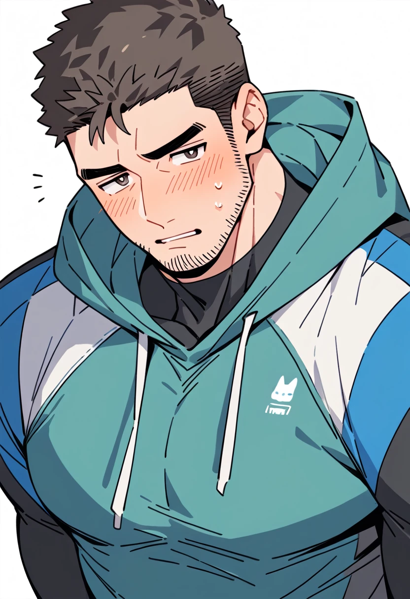 anime characters:Chris Redfield, Muscle Sports Student, Buzz Cut, Manliness, male focus, Sports tight hooded sweatshirt, Wear a black high-necked tights inside, Very tight, Huge chest muscles, muscular male, muscular, only, Upper body, alone, Red short hair, Thick eyebrows, stubble, Brown-red pupils, White background, simple background, amazing quality, best aesthetics, Ridiculous, crew cut, parted lips, flustered, endured face, shy, blush, negative space, best quality